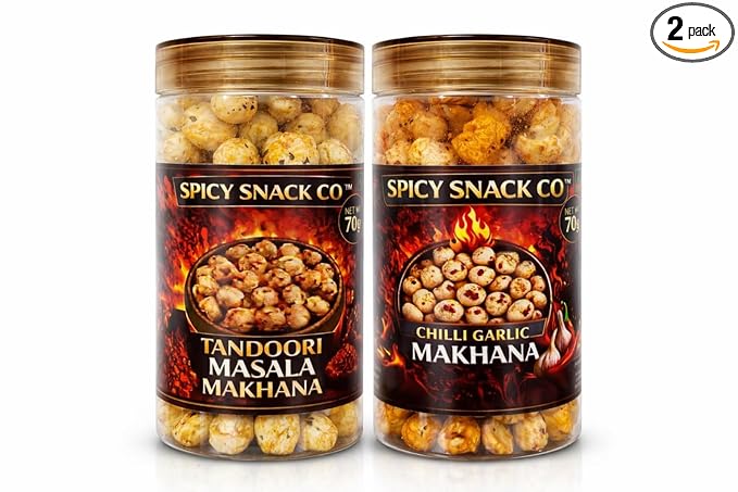Spicy Snack Co Makhana Combo Pack (2x70g) | Chilli Garlic & Tandoori Masala | Roasted Foxnuts | Healthy Crunchy Snack | Bold Spicy Flavours