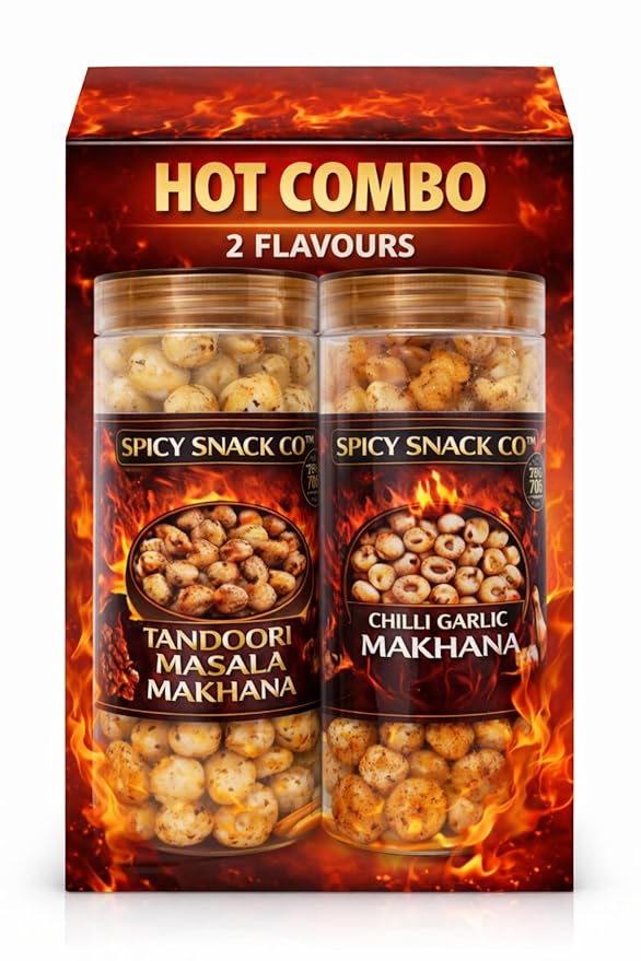 Spicy Snack Co Makhana Combo Pack (2x70g) | Chilli Garlic & Tandoori Masala | Roasted Foxnuts | Healthy Crunchy Snack | Bold Spicy Flavours