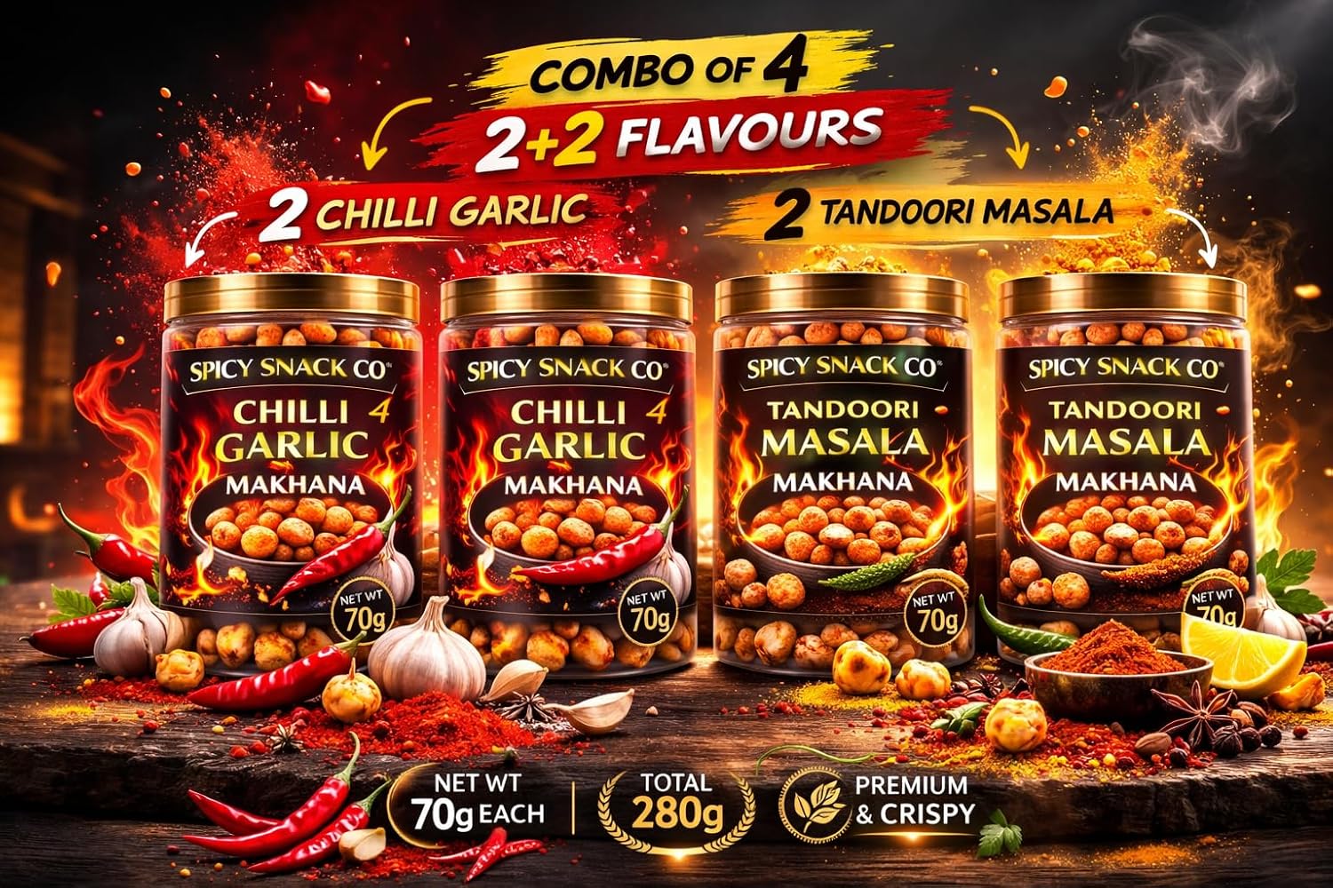Spicy Snack Co Makhana Combo – Pack of 4 (2 Chilli Garlic, 2 Tandoori Masala) | Roasted Fox Nuts | Bold Spicy Flavour