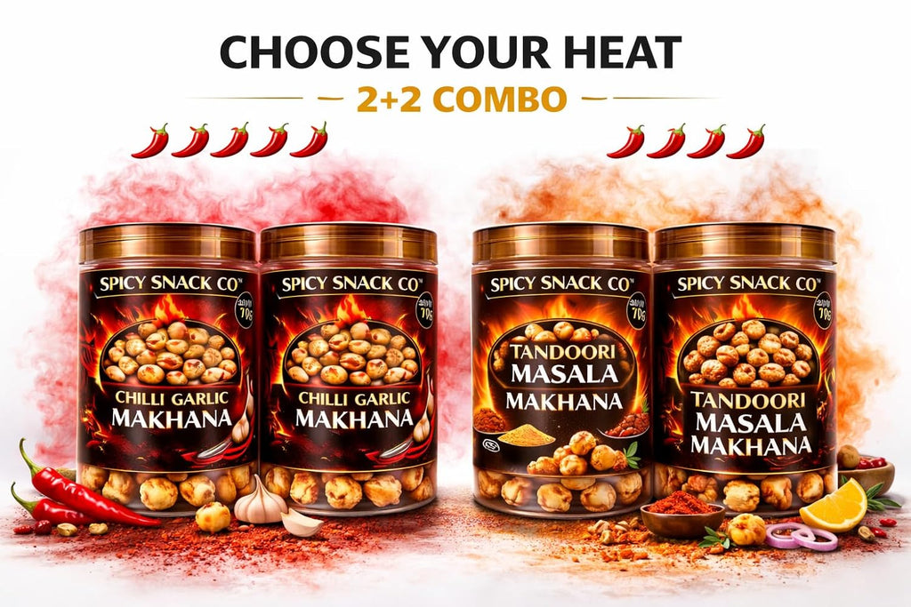 Spicy Snack Co Makhana Combo – Pack of 4 (2 Chilli Garlic, 2 Tandoori Masala) | Roasted Fox Nuts | Bold Spicy Flavour
