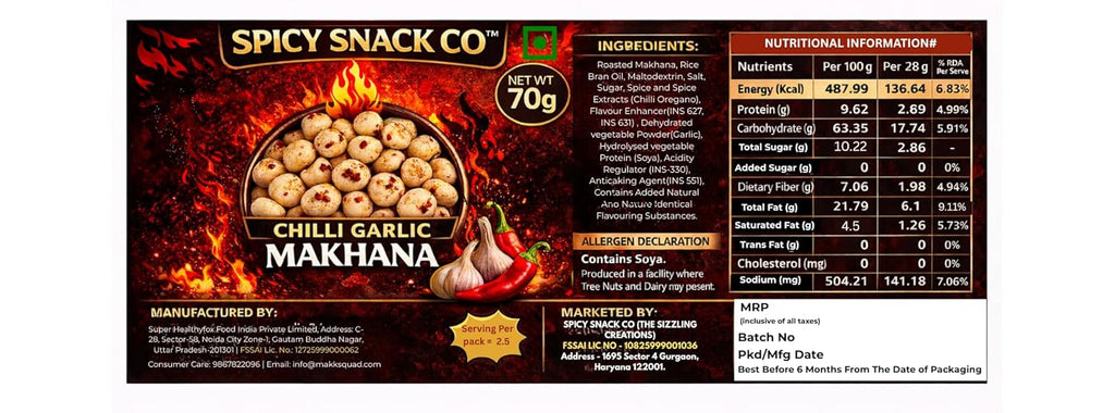 Spicy Snack Co | Chilli Garlic Makhana – Made for Real Spice Lovers | Roasted & Crunchy Foxnuts | 9/10 Heat | 70g