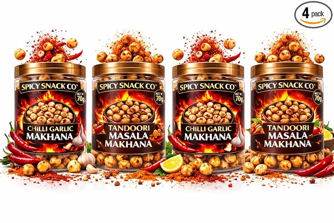Spicy Snack Co Makhana Combo – Pack of 4 (2 Chilli Garlic, 2 Tandoori Masala) | Roasted Fox Nuts | Bold Spicy Flavour